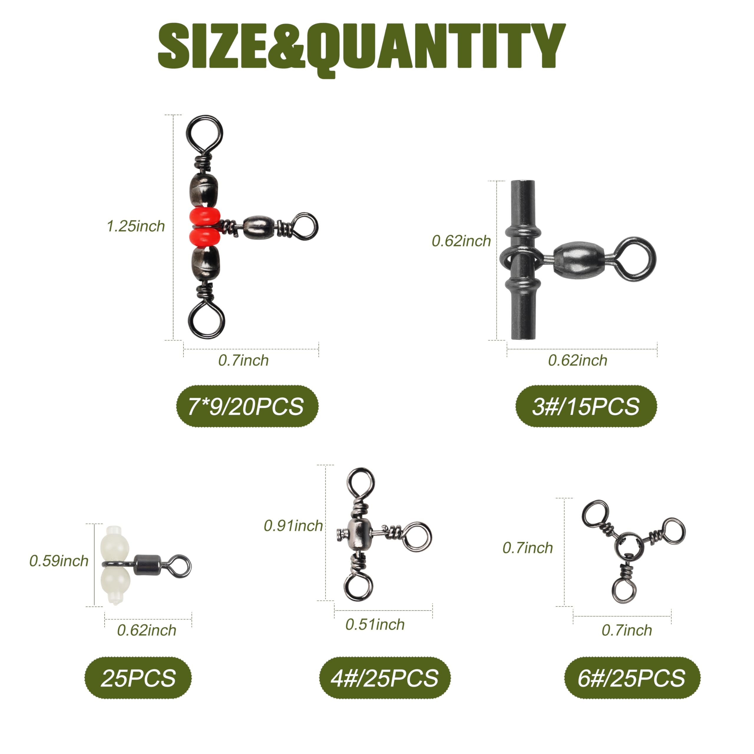 JOGFFDE 3 Way Fishing Swivels Kit,110pcs Three Way Crossline Fishing Swivels Triple Swivels Fishing Line Connectors Catfish Surf Fishing Rig Saltwater Freshwater Fishing Accessories