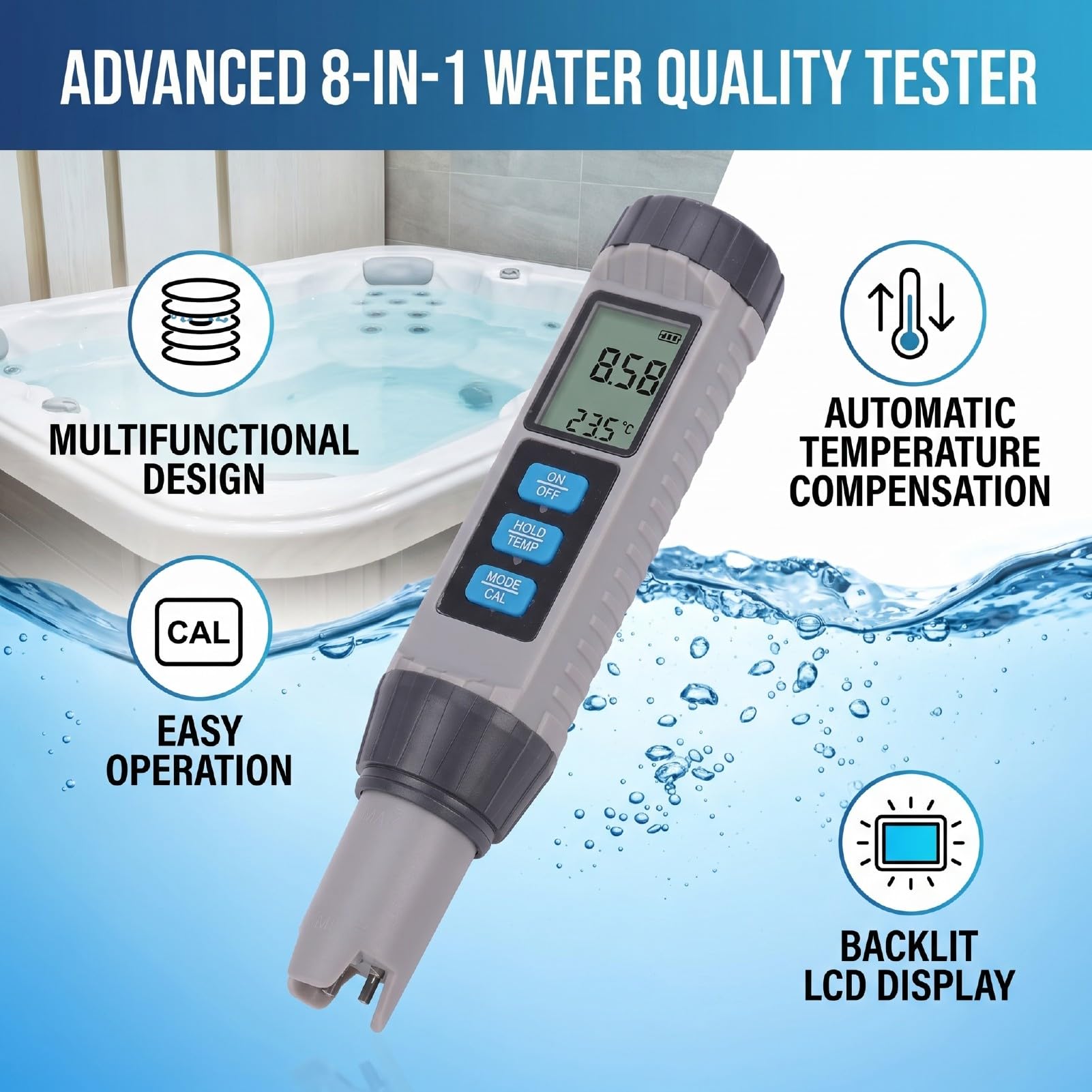 Jiawu 8-in-1-Wasserqualitätstester TDS EC PH Temp ORP S.G CL Salz für Pool | ABS-Material, automatische Temperaturkompensation von 0–60 °C, 200-mAh-Batterie, Hydroponiktests im Pool-Spa