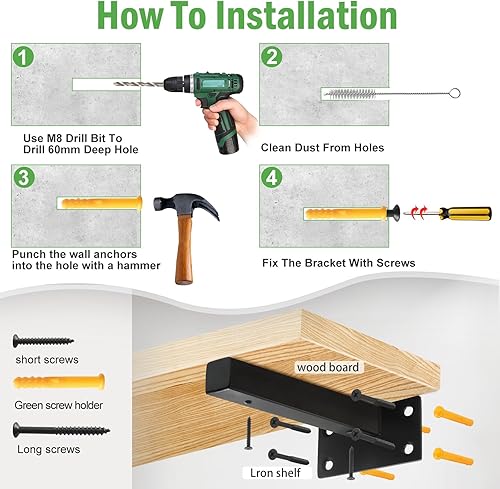 Miniatura 5 de Soportes de estante flotantes de 8 pulgadas, resistentes, soportes de estantería cuadrados, soportes flotantes de metal, soportes de montaje en