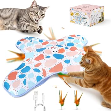 Interactive Cat Toys, Hide and Seek Cat Toy, 2 in 1 Automatic Moving Concealed Feathers for Indoor Cats, Non-Slip Suction, Touch Activated, USB Rechargeable, Blue
