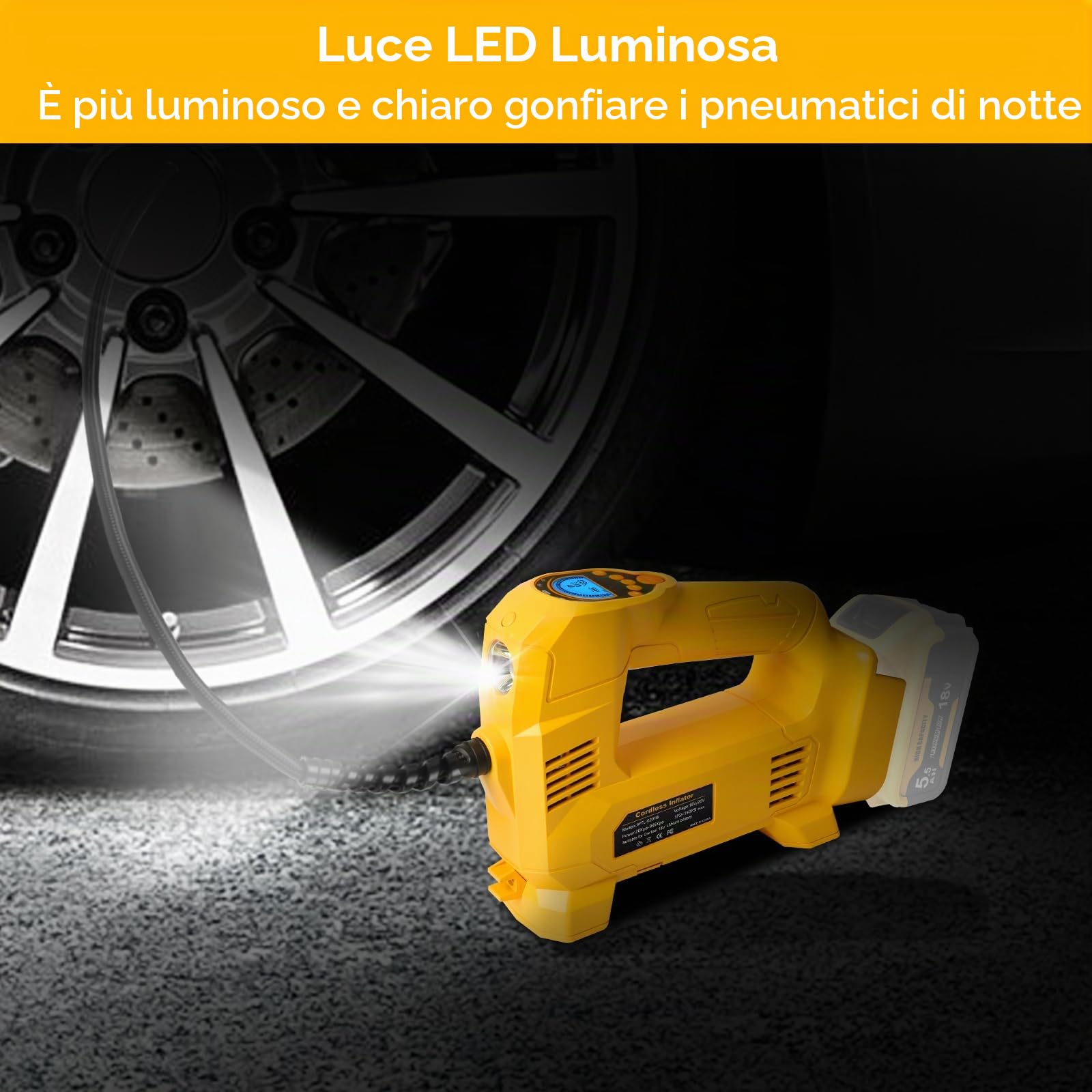 QUPERR compressore d’aria cordless compatibile con batteria Dewalt 18V, fino a 10,34 bar, con luce LED e arresto automatico, pompa portatile per auto, moto, bici e palloni (batteria non inclusa)