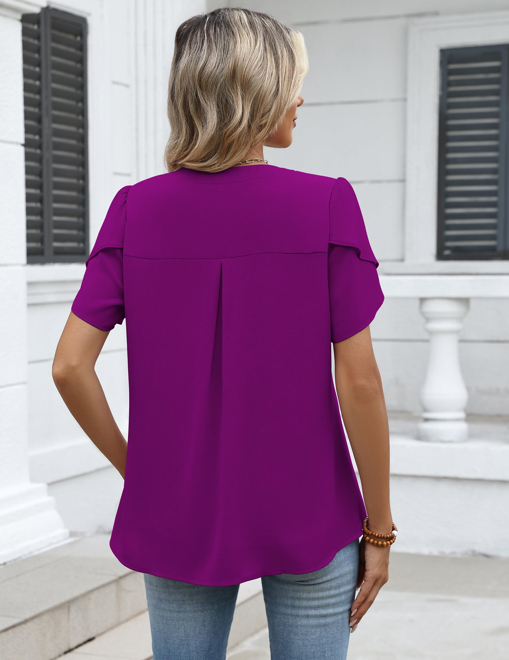 Zeagoo Blusa elegante de verano para mujer, de manga corta, de gasa, cuello en V, túnica, de malla, de doble capa