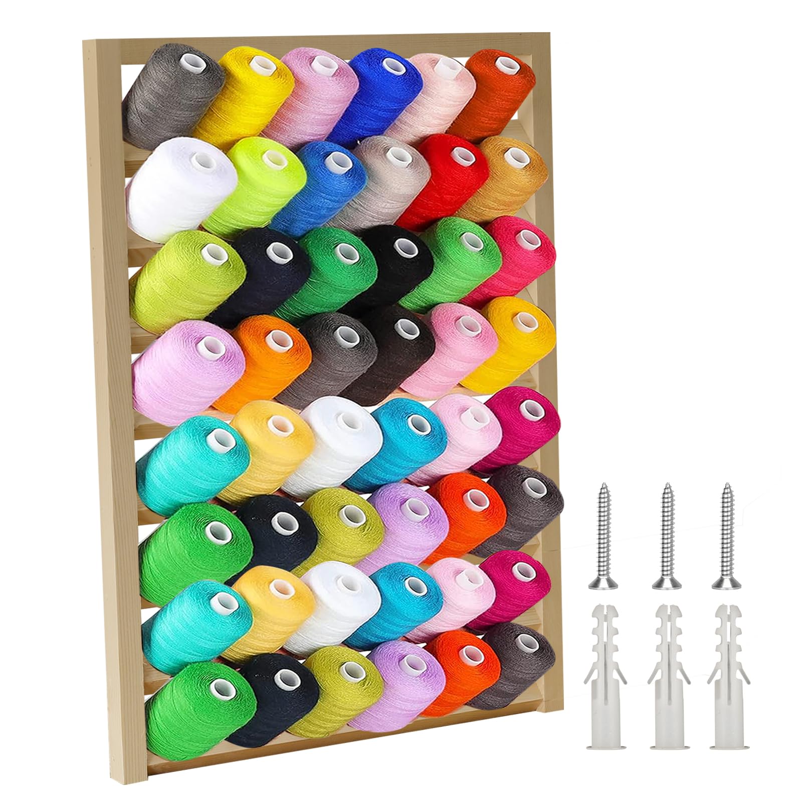Wooden Thread Holder Wall Mounted Sewing Thread Stand with Screws Multi Purpose Thread Organizer Rack for Embroidery Sewing Threads Hair Band(54 Spool)