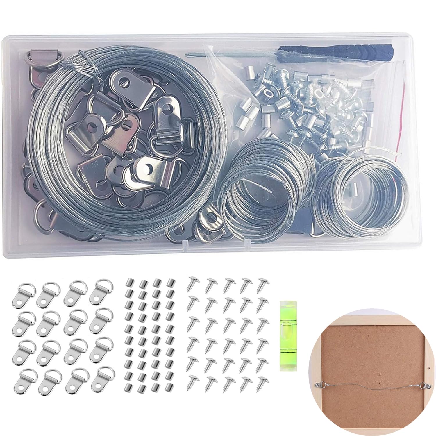 Joyzzz Picture Hanging Tool Kit, 105 Pcs Practical Photo Hangers Professional Metal Tool, with Picture Wire, D Ring, Crimping Loop Sleeve, Used for Hanging Photo Frame, Paintings Frame