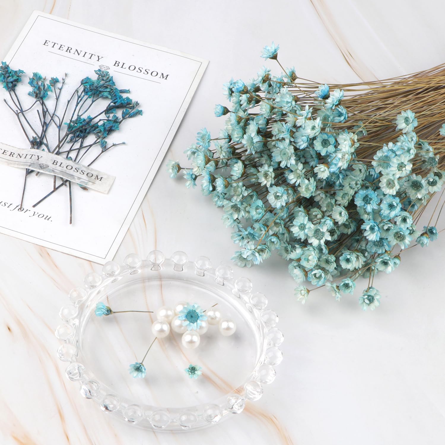300 PCS Brazilian Small Daisy Decorative Dried Flowers Blue Mini Daisy Baby's Breath Chamomile Bouquet for Holiday Party Decoration DIY Home Wedding Floral Arrangements - Image 3