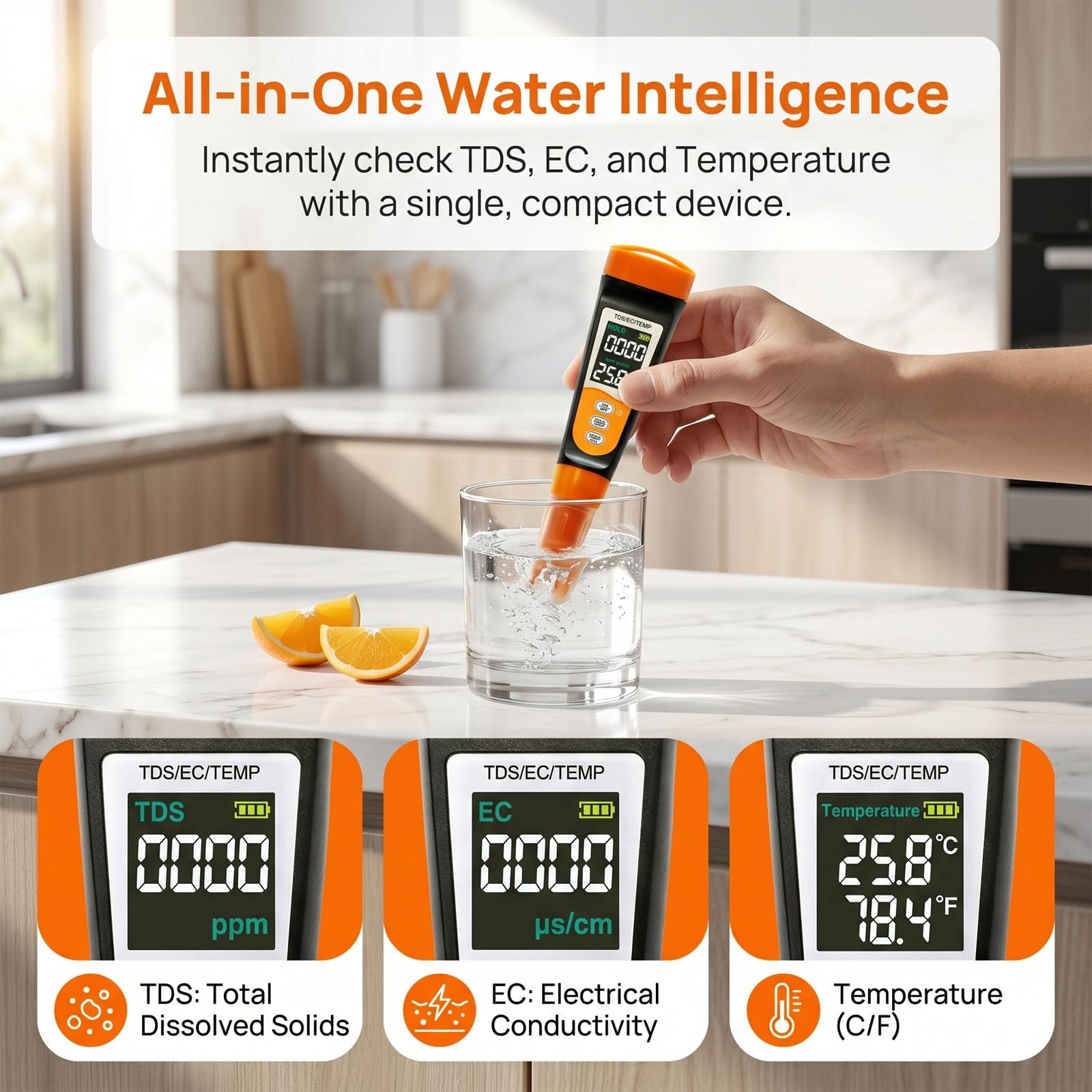 Tester digitale dell'acqua, 3 in 1, rilevatore di qualità, misuratore di temperatura Tds Ec con funzione vocale multifunzione, per acquari idroponici