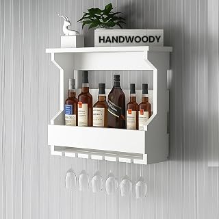 Solid Wood Wooden Wall Hanging Design Bar | Bar Cabinets for Home | Mini Bar for Home | Wooden Make Wine Storage Cabinet with Glass Hanging Space in White