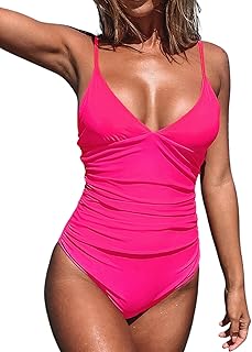 CUPSHE Traje de baño de una pieza para mujer, escote en V profundo, correas espaguetis ajustables, fruncido, frente, espalda baja, traje de baño