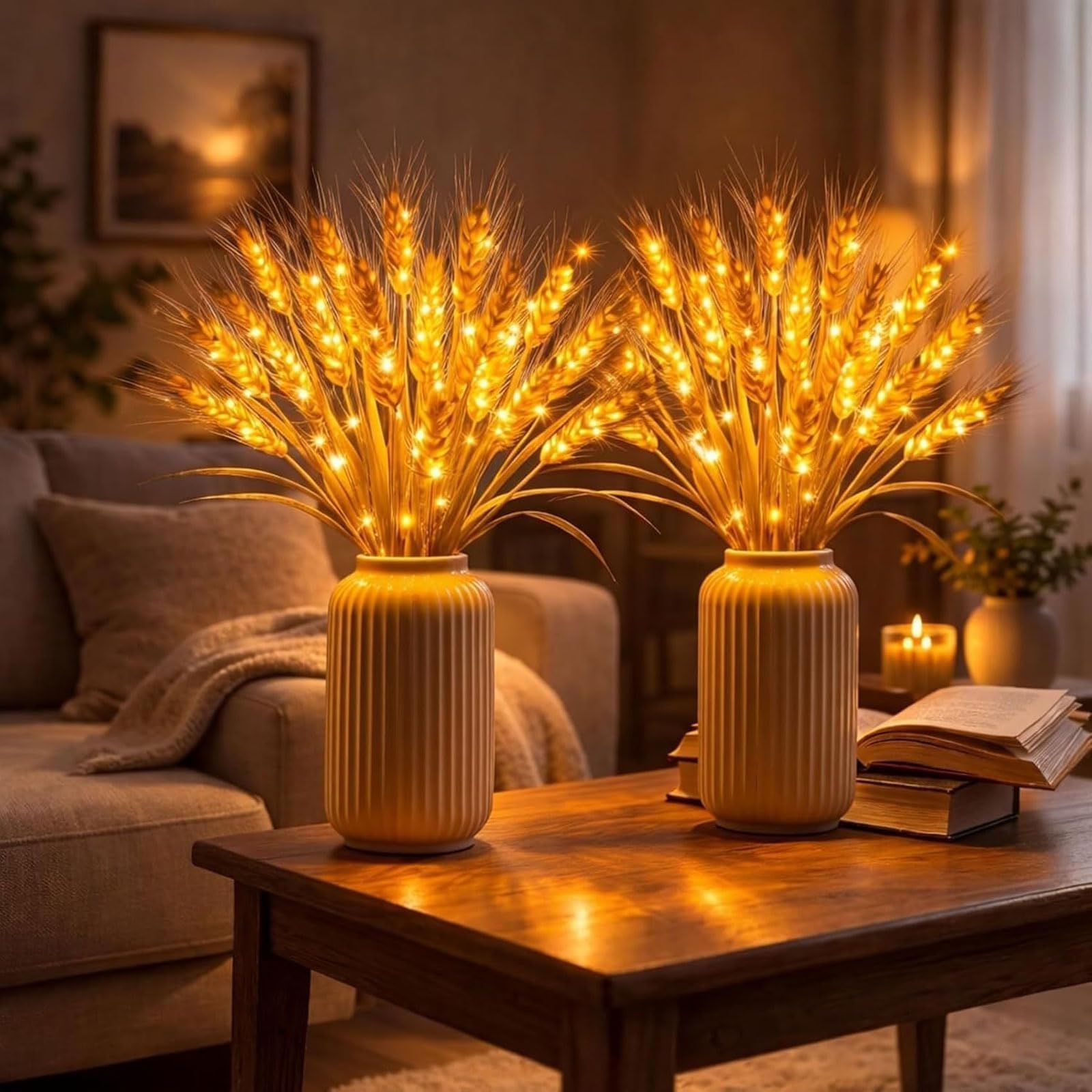 Złota lampa do żniwa, zasilana bateriami, łodygi pszenicy, kwiatowa lampa stołowa, do sezonowego wystroju domu, na Święto Dziękczynienia i dekoracje jesienne, 2 szt