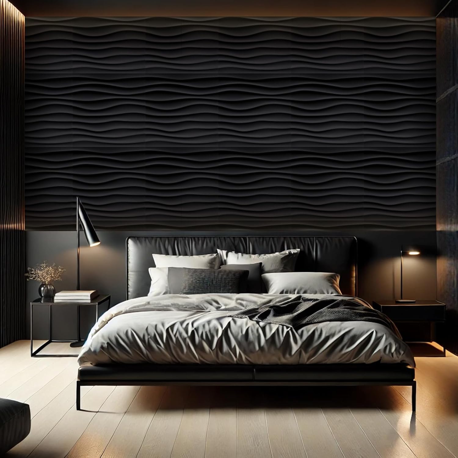 Chunful 30 Pcs 28.81 Sq ft 3D Wall Panels PVC Wave Design,11.8" x 11.8" Wall Panels Brick Wallpaper Waterproof for Interior Living Room Bedroom Decor(Black)