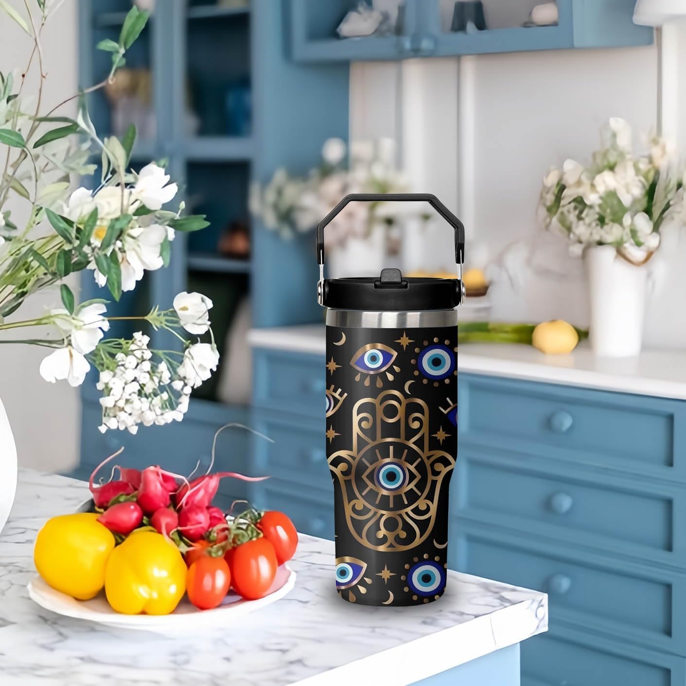 30oz Evil Eye Tumbler with Handle and Flip Straw, Evil Eyes Hand Stainless Steel Insulated Cup, Travel Coffee Mug Water Bottle, Birthday Gifts for Women Men