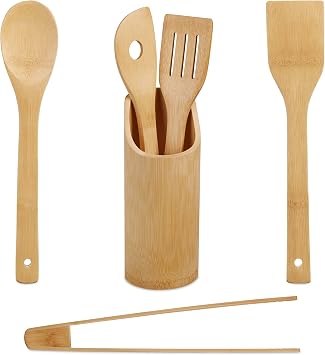 Relaxdays Kitchen Utensils Set of 6 Cooking Spoons, Spatulas, Barbecue Tongs, Kitchen Utensils Container, Bamboo, Natural