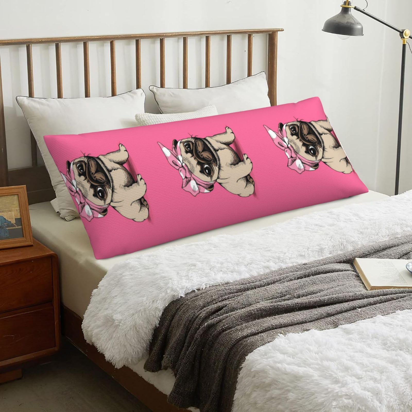Cartoon Pink Bow Pug, Body Pillow Cover with Zipper,Long Body Pillowcase 20 x 60 in