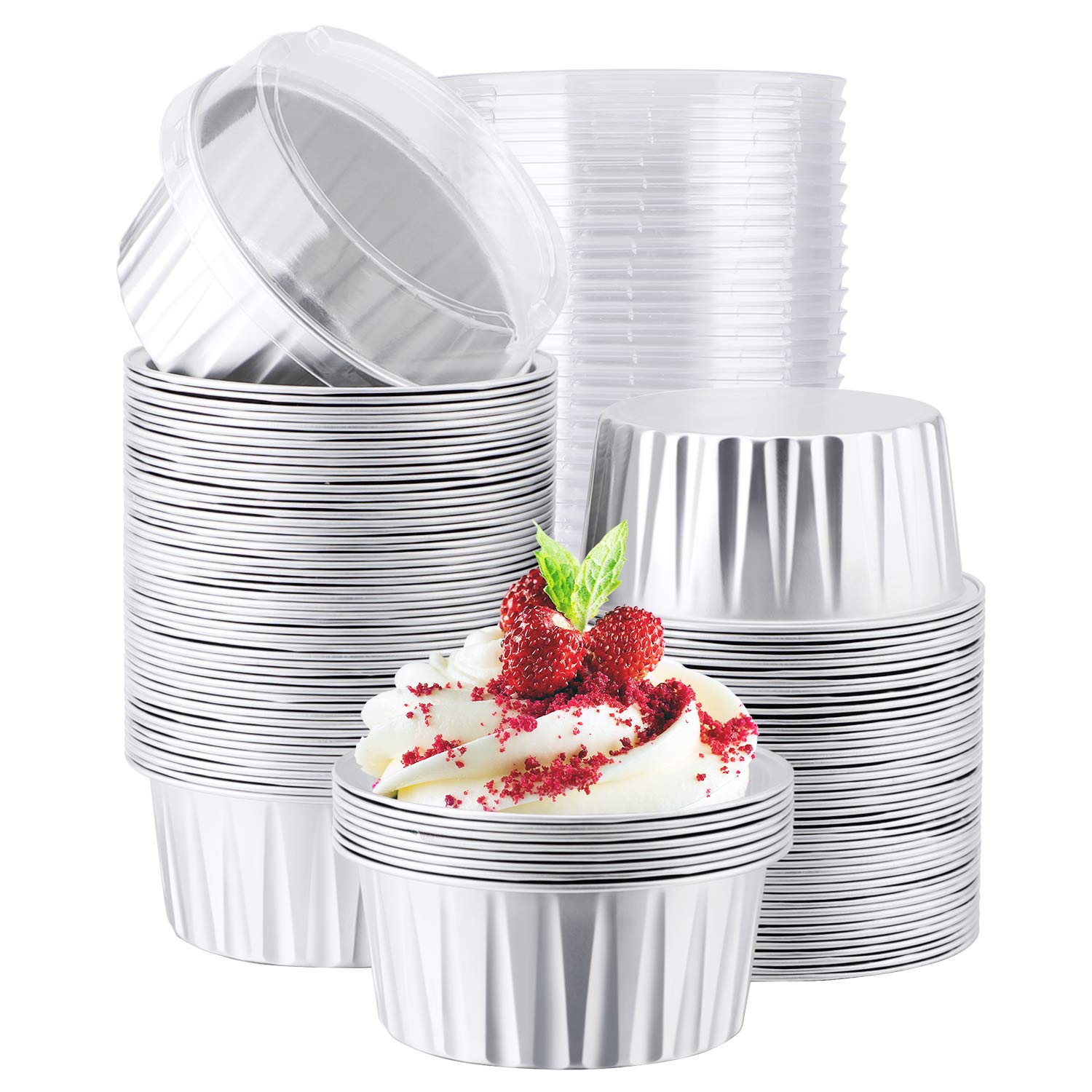 Eusoar - Juego de 100 moldes desechables para magdalenas de 125 ml con tapa, ramequines de crema Brulee, papel de aluminio para hornear, moldes de postre, cajas de cajas