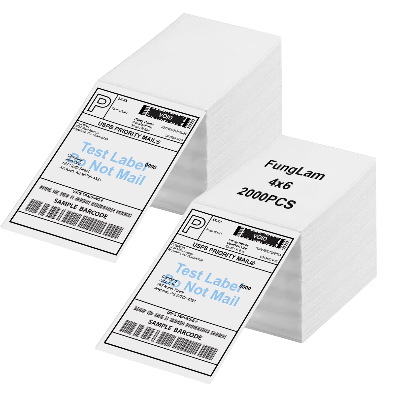 FungLam 4"x6"Thermal Shipping Labels, 2 Pack of 1000 Fanfold Labels, Adhesive Shipping Labels for Zebra,Munbyn,Polono and Rollo Direct Thermal Printer