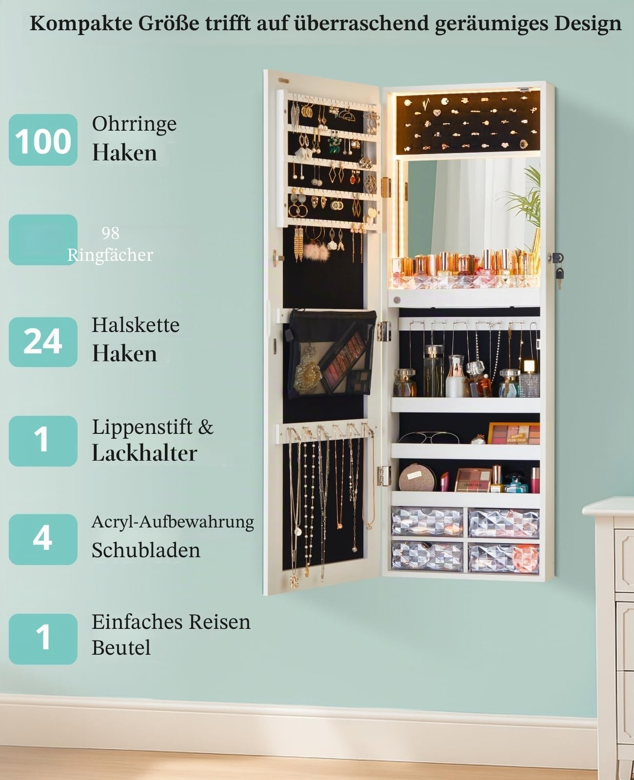 LUXFURNI 107cm Höhe Spiegel Schmuckschrank Hängend, Schmuckaufbewahrung Wand, Einbau-‌Make-up-Spiegel, 4 Schubladen Schmuckspiegel, Weiß