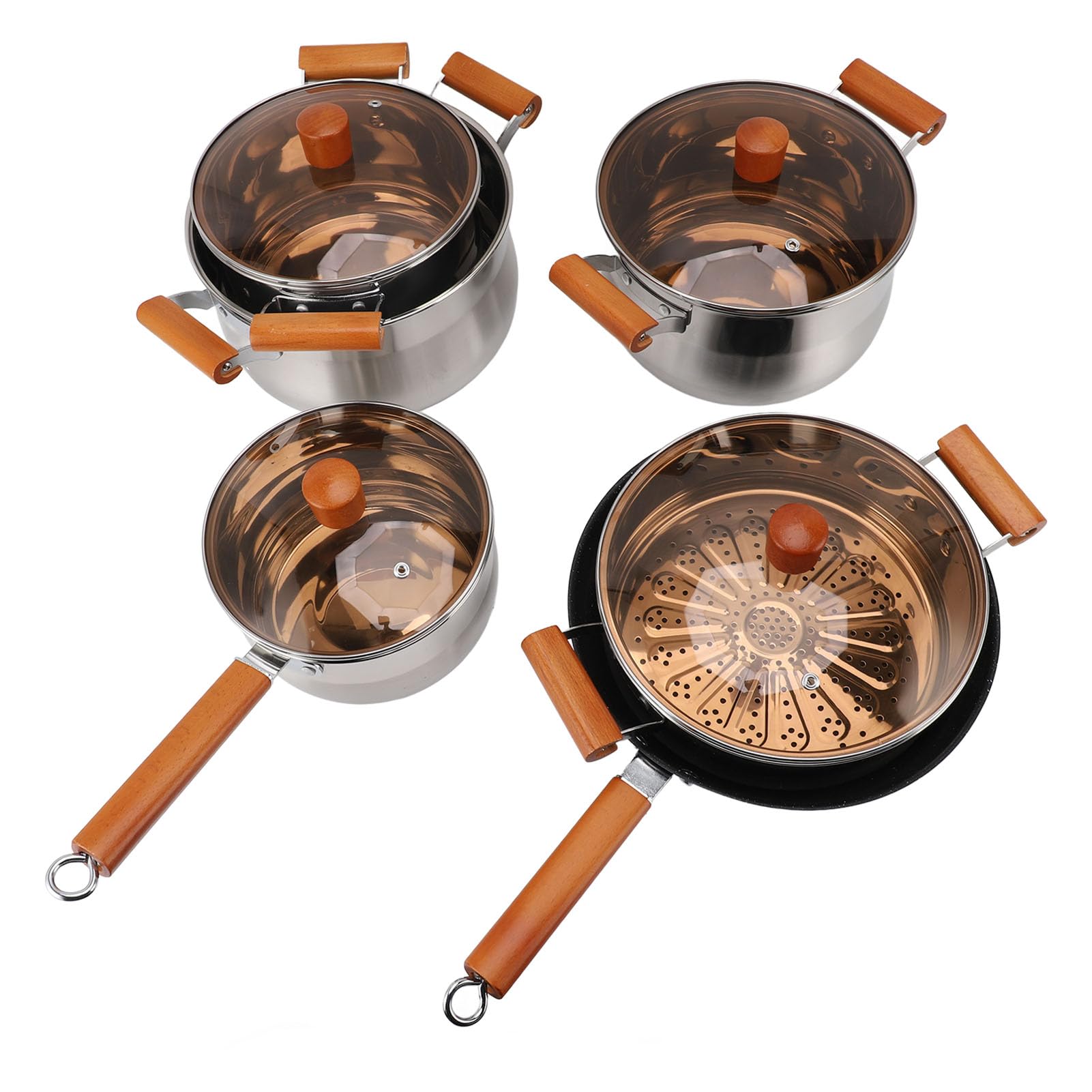 Juego de utensilios de cocina profesionales de acero inoxidable con mangos de madera, ollas y sartenes de cocina de 5 piezas para cocinar sopa hirviendo al vapor, utensilio