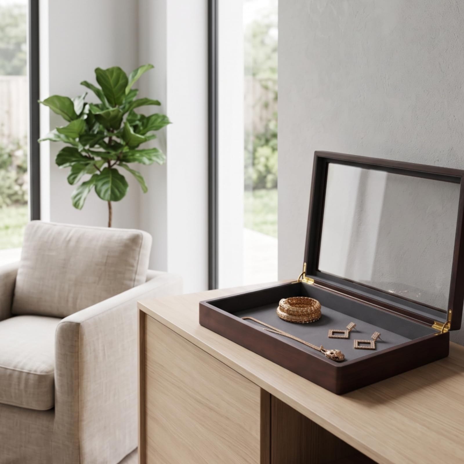 Gralara Portagioielli con Divisori, Grigio Scuro, Design Elegante Con Coperchio In Vetro