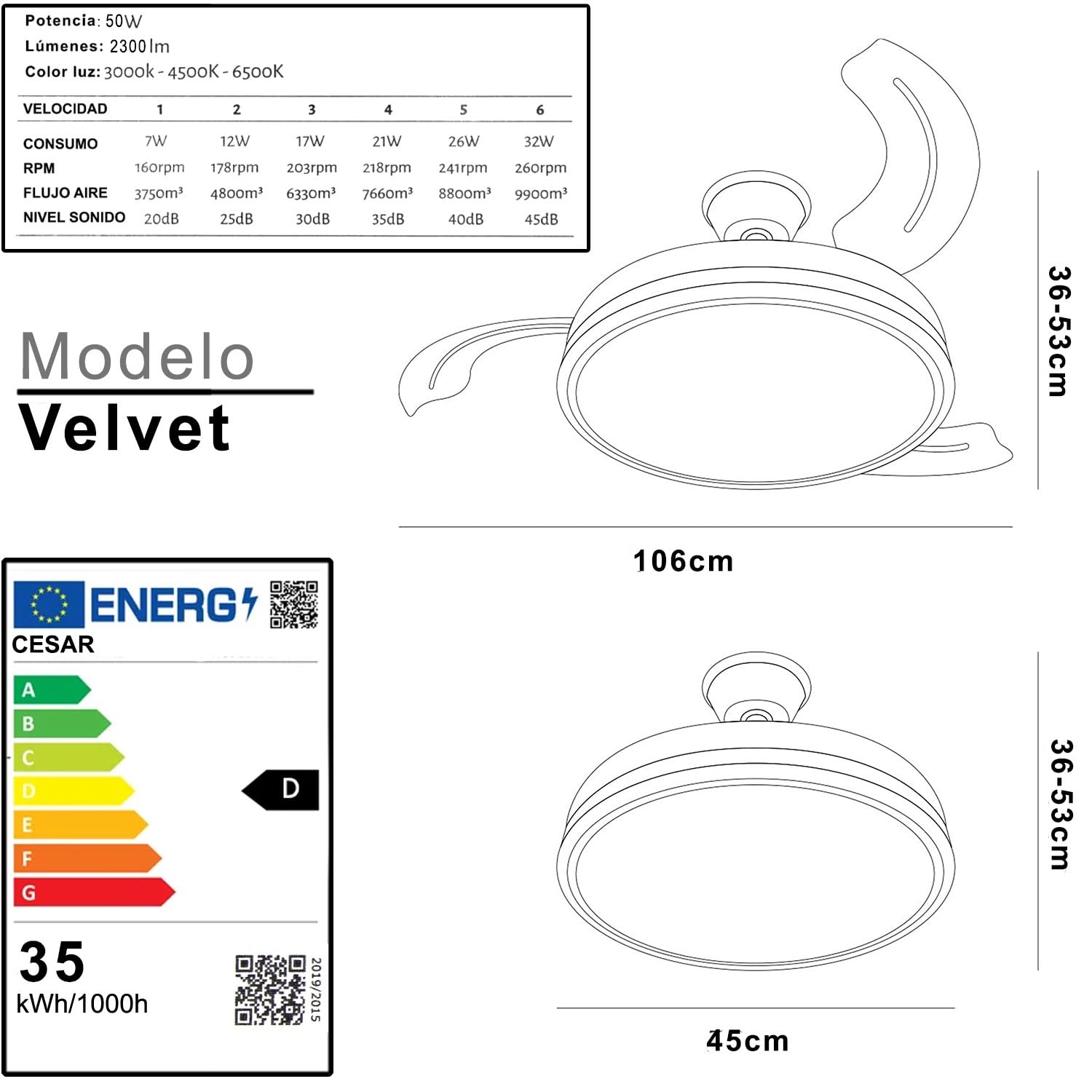 DRW Lampara Ventilador de Techo Negro y Madera con aspas retractiles 3 Colores de Luces y Mando a Distancia Ø106x36-53 cm