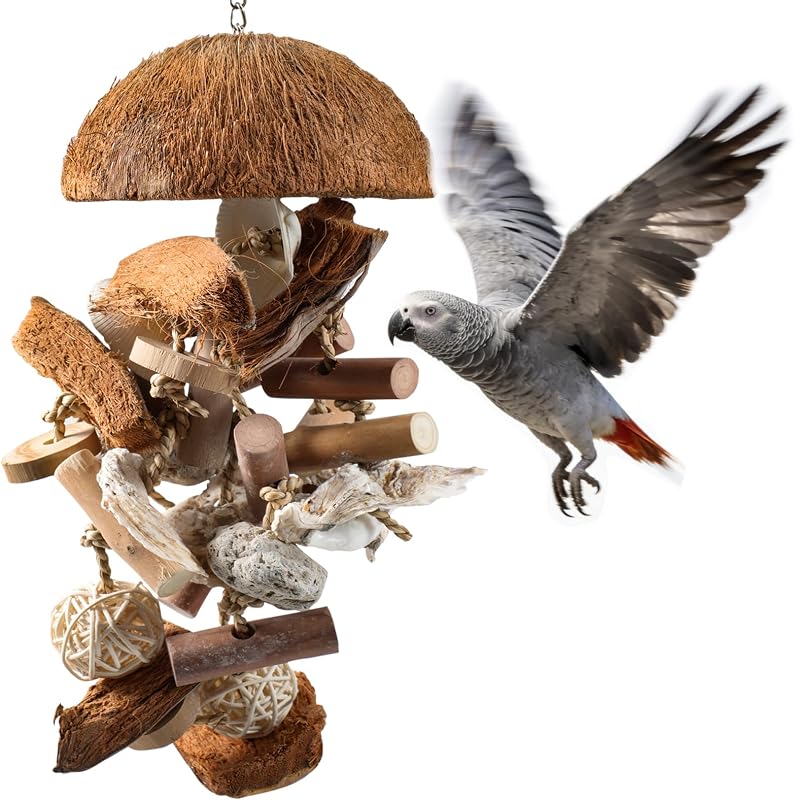 18" Natural Bird Toy for Medium & Large Parrots,Multi-Texture Chew & Forage | Coconut Shells & Lava Stones | Shred For African Greys,Cockatoos, Caiques, Quakers and Conures | Healthy Beak Exercise
