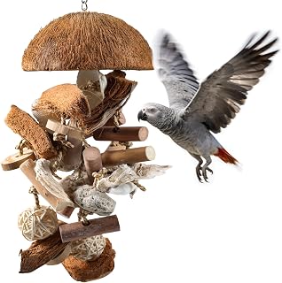 18" Natural Bird Toy for Medium & Large Parrots,Multi-Texture Chew & Forage | Coconut Shells & Lava Stones | Shred For African Greys,Cockatoos, Caiques, Quakers and Conures | Healthy Beak Exercise