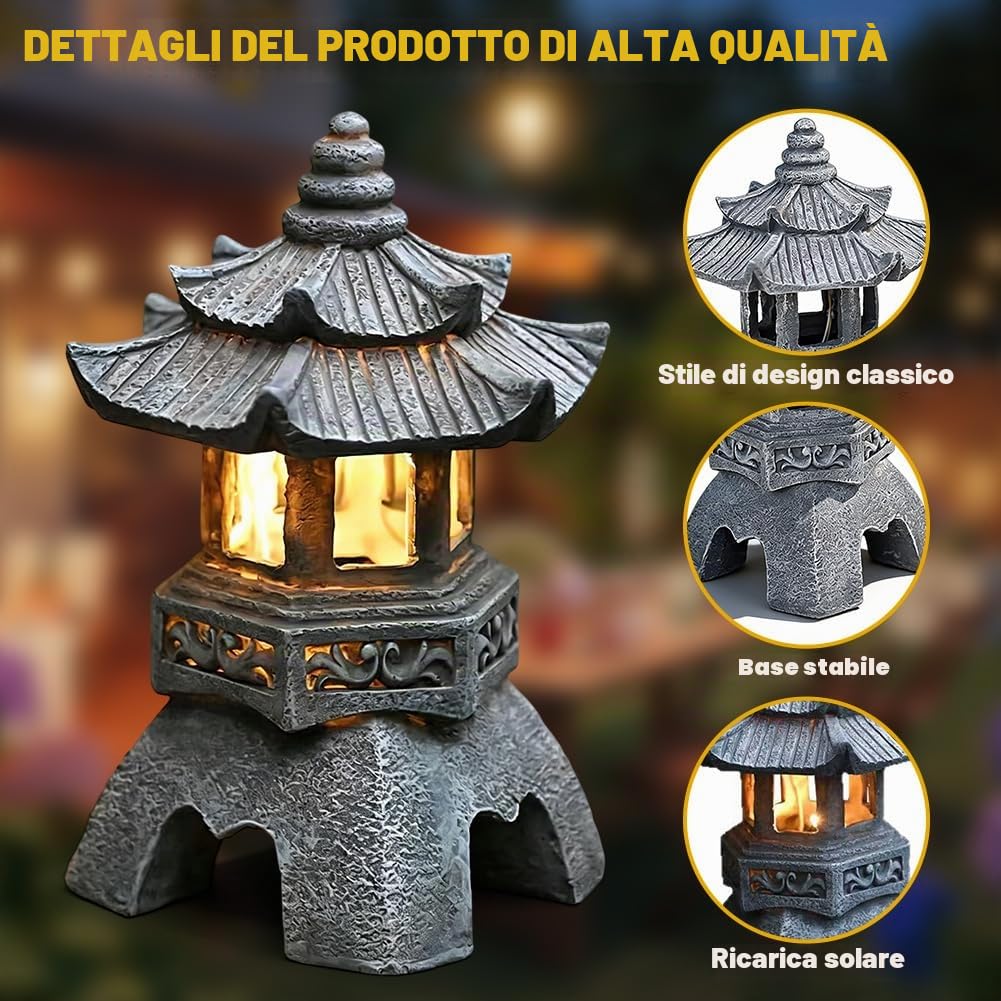Pagoda decorativa giapponese, lampada solare da giardino, statua decorativa da giardino, 26 x 17 cm