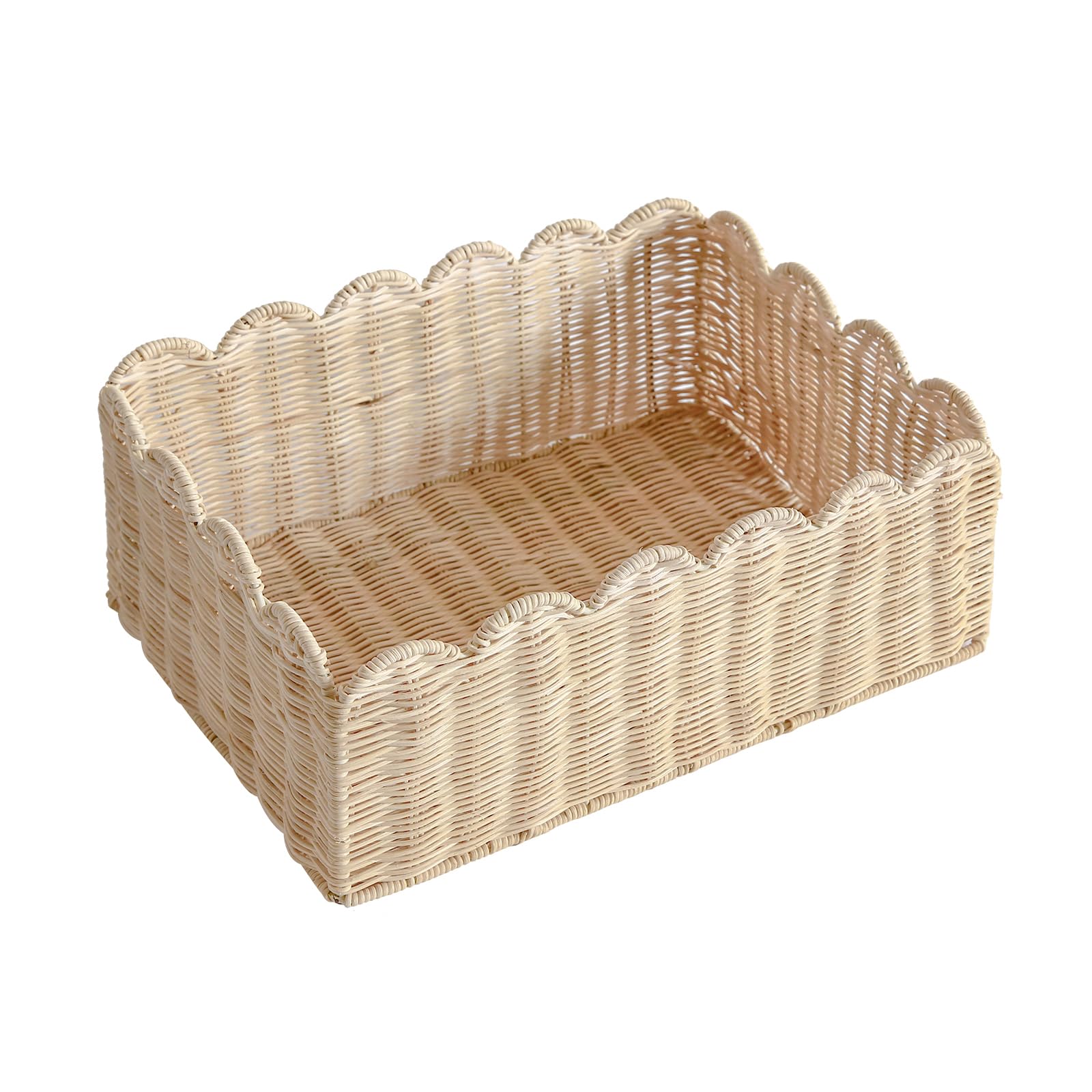 Kosz wiklinowy z zapiekaną krawędzią – ręcznie tkany naturalny kosz do przechowywania na półki (M – 35 cm dł. x 26,7 cm szer. x 15 cm wys. – rattan)
