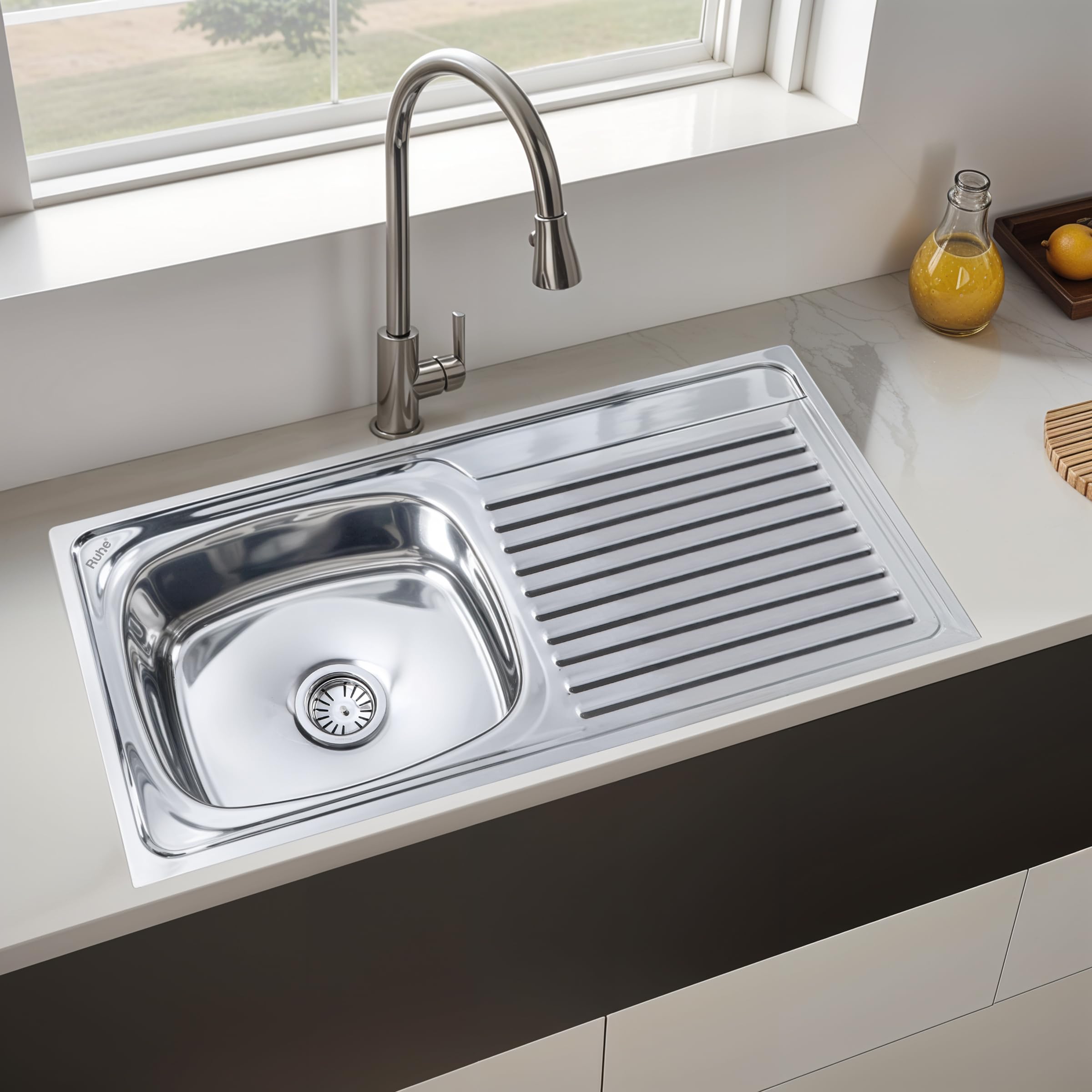 Ruheยฎ Oval Single Bowl with Drainboard Kitchen Sink - 37x18x8 inches | Premium Stainless Steel Sink with Glossy Finish | Kitchen Sink Including Coupling and Waste Pipe