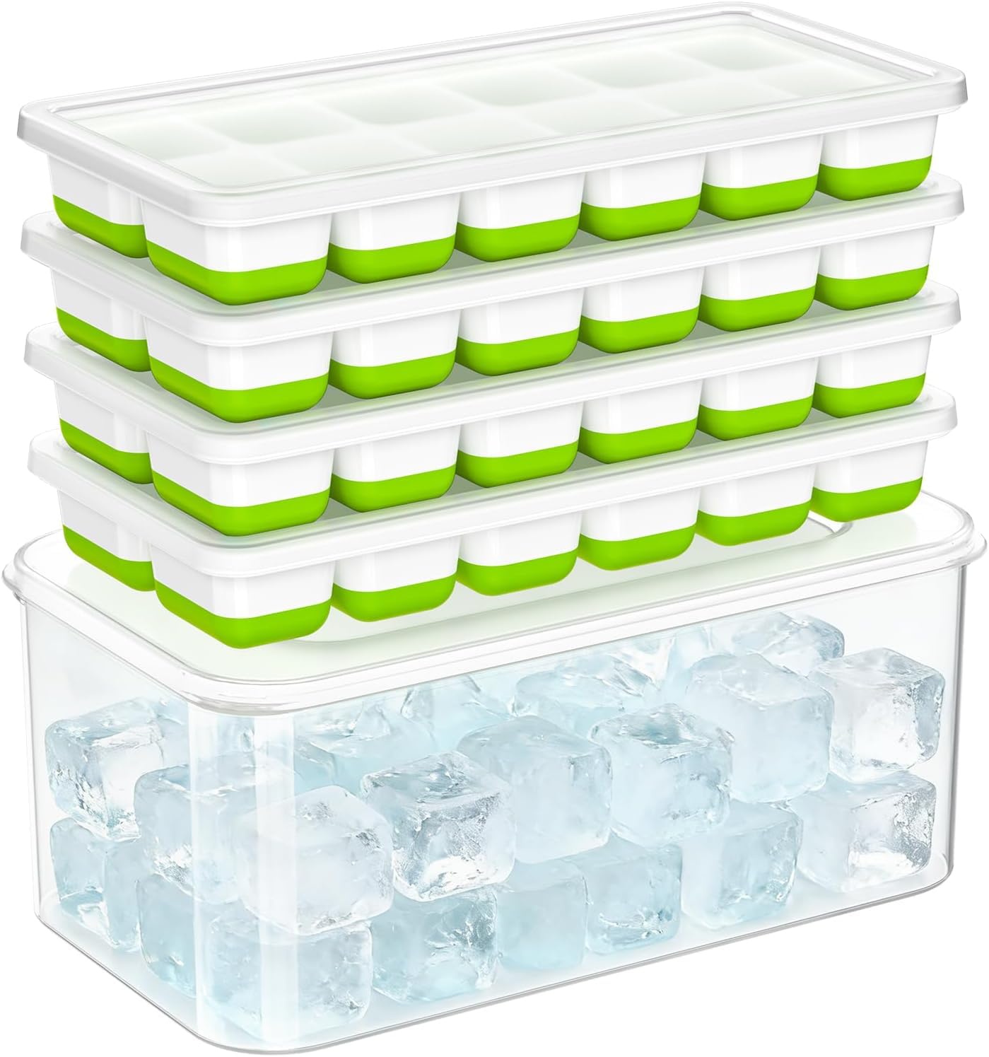 Ice Cube Tray with Lid & Bin - 4 Pack Small Stackable Silicone Trays for Freezer with Storage Container, Leak-Proof Lids, BPA-Free, Easy Release for Kitchen, RV, Cocktail, Party, Coffee&Drinks (Green)