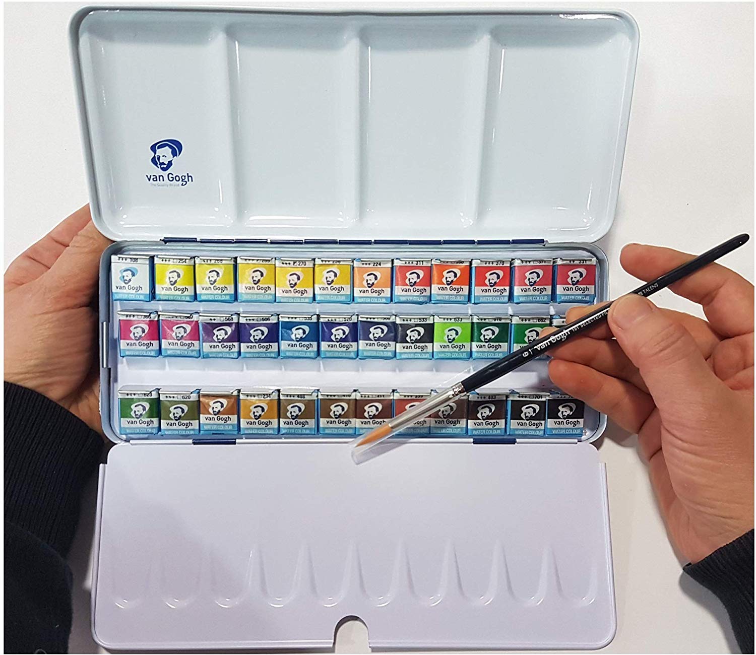 36 Näpfchen Feine Van Gogh Künstler Aquarellfarben im Metall Aquarellkasten incl. Pinsel und Mischpalette Geschenkset und Papierwischer