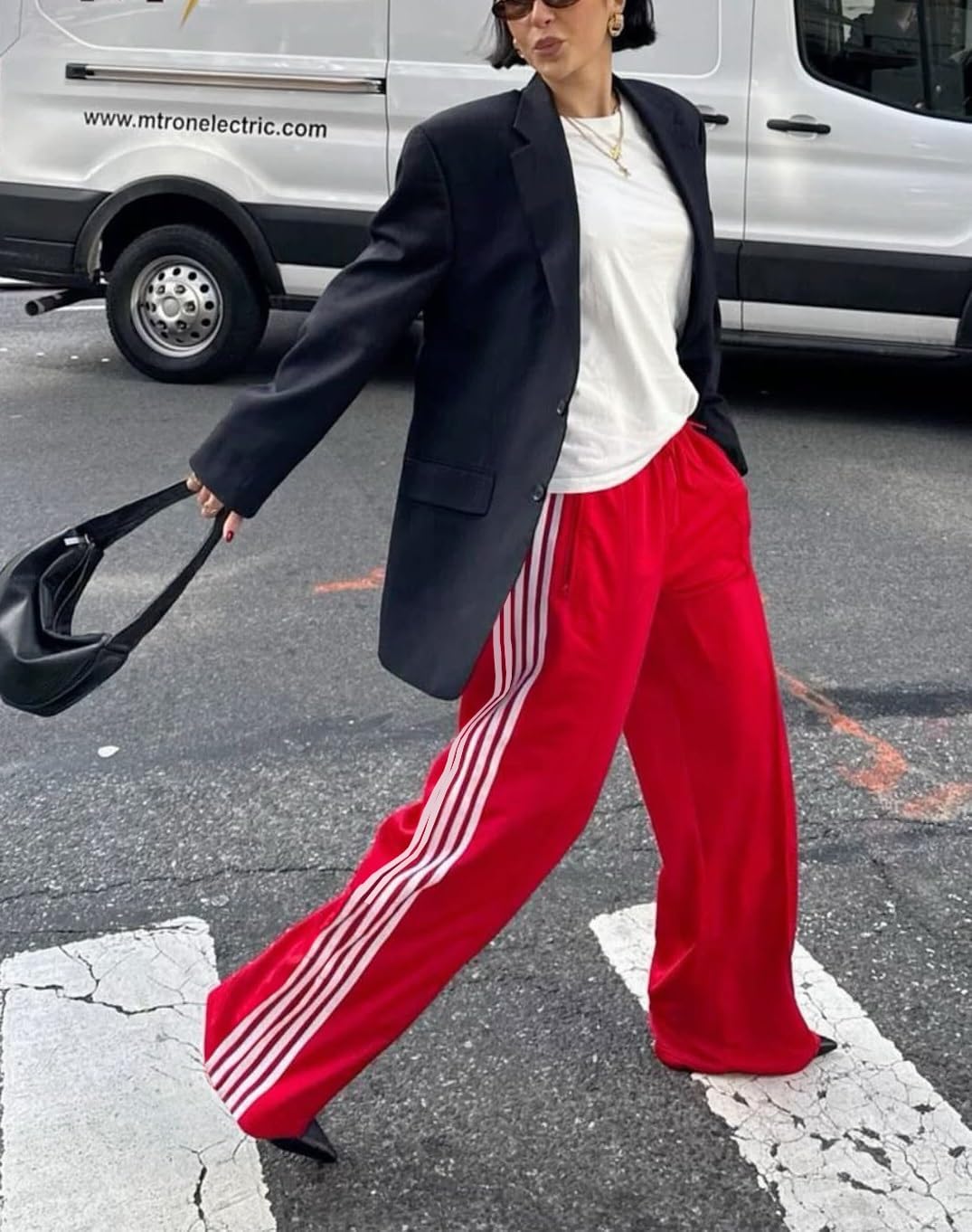 KMBANGI Women Striped Track Pants Elastic Waist Straight Leg Sweatpants Joggers Wide Leg Side Stripes Pants with Pockets - Image 2