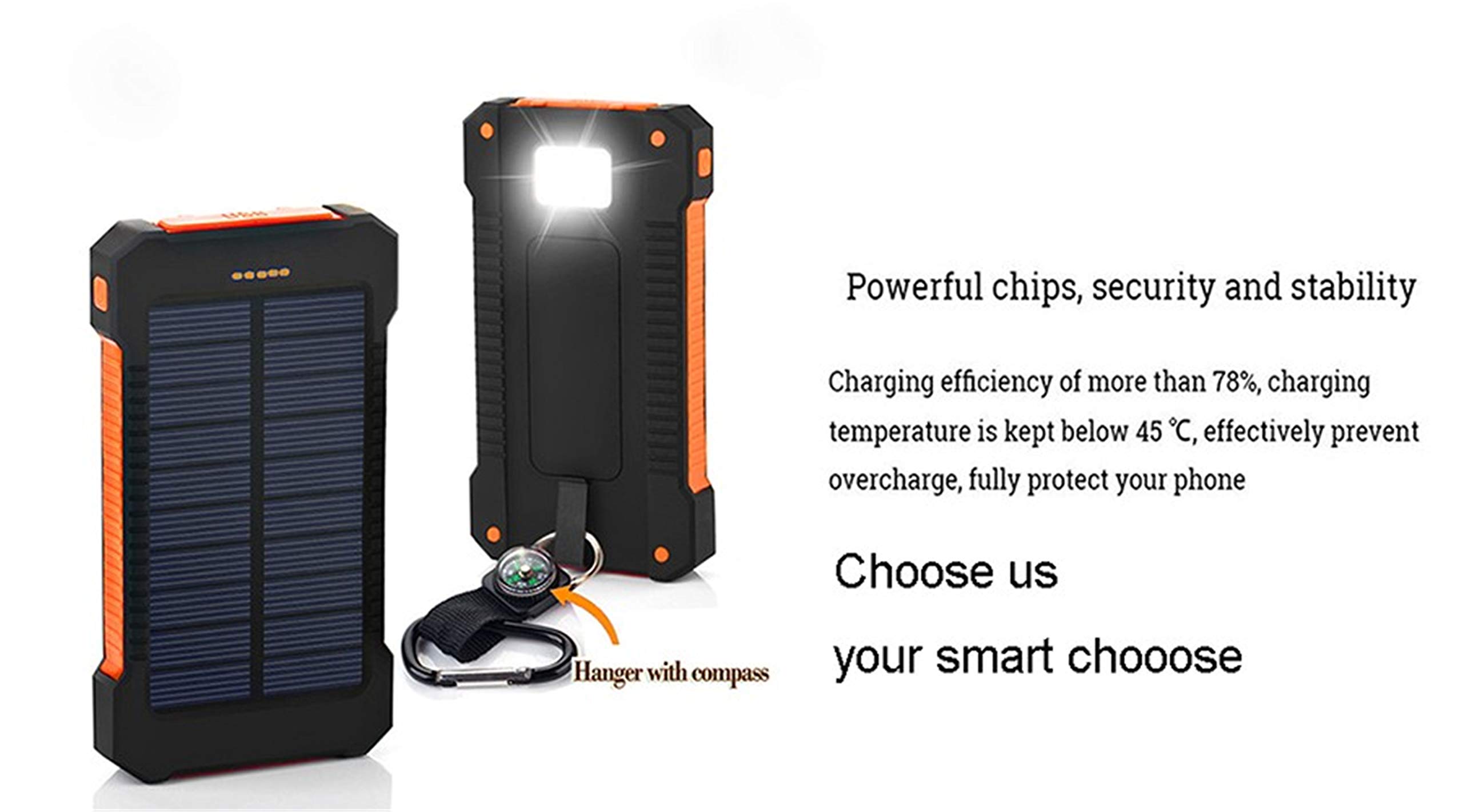 WFEI Banco de energía Solar Impermeable 50000mAh Cargador Solar Puertos USB Cargador Externo PowerBank con luz LED,Naranja