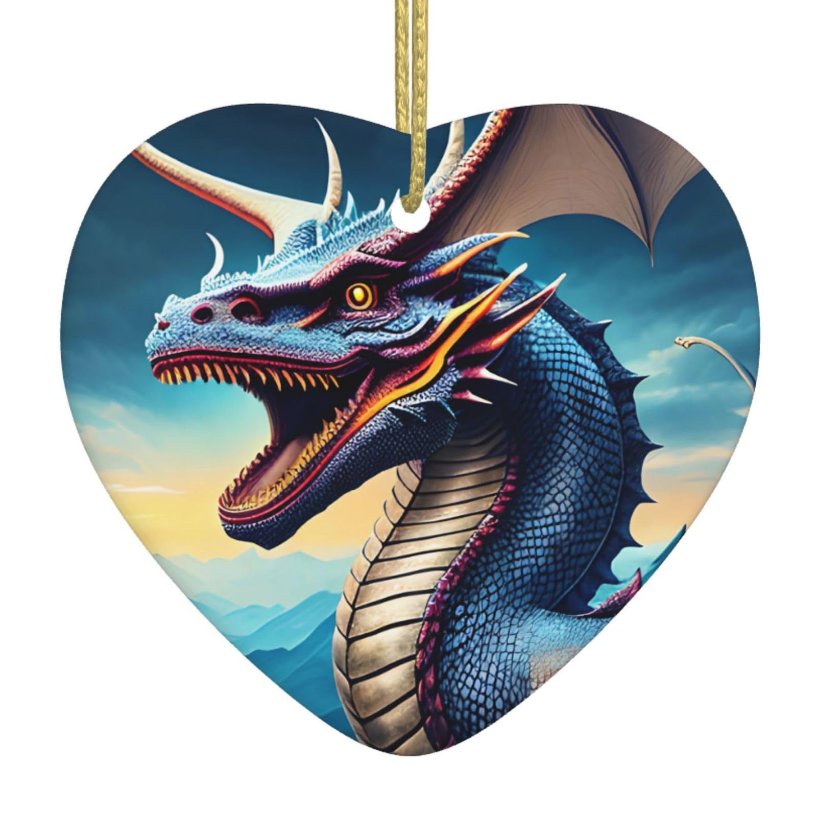 Roaring Dragon Ceramic Christmas Heart Pendant with Silk Thread, Christmas Tree Home Decoration