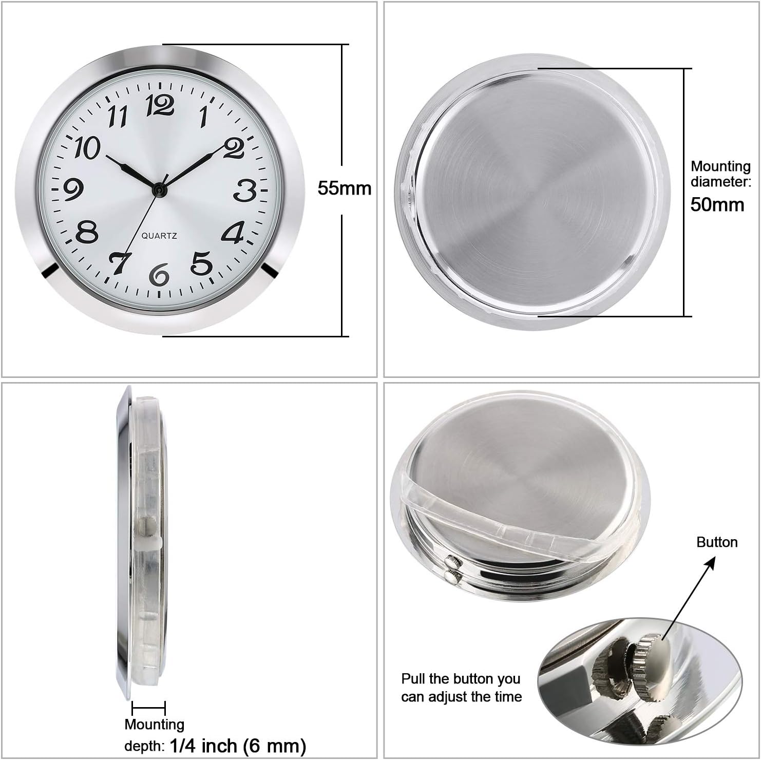 2-1/8 Inch (55 mm) Quartz Clock Insert, Zinc-Alloy Metal Case, Arabic Numeral, White Face (Silver)