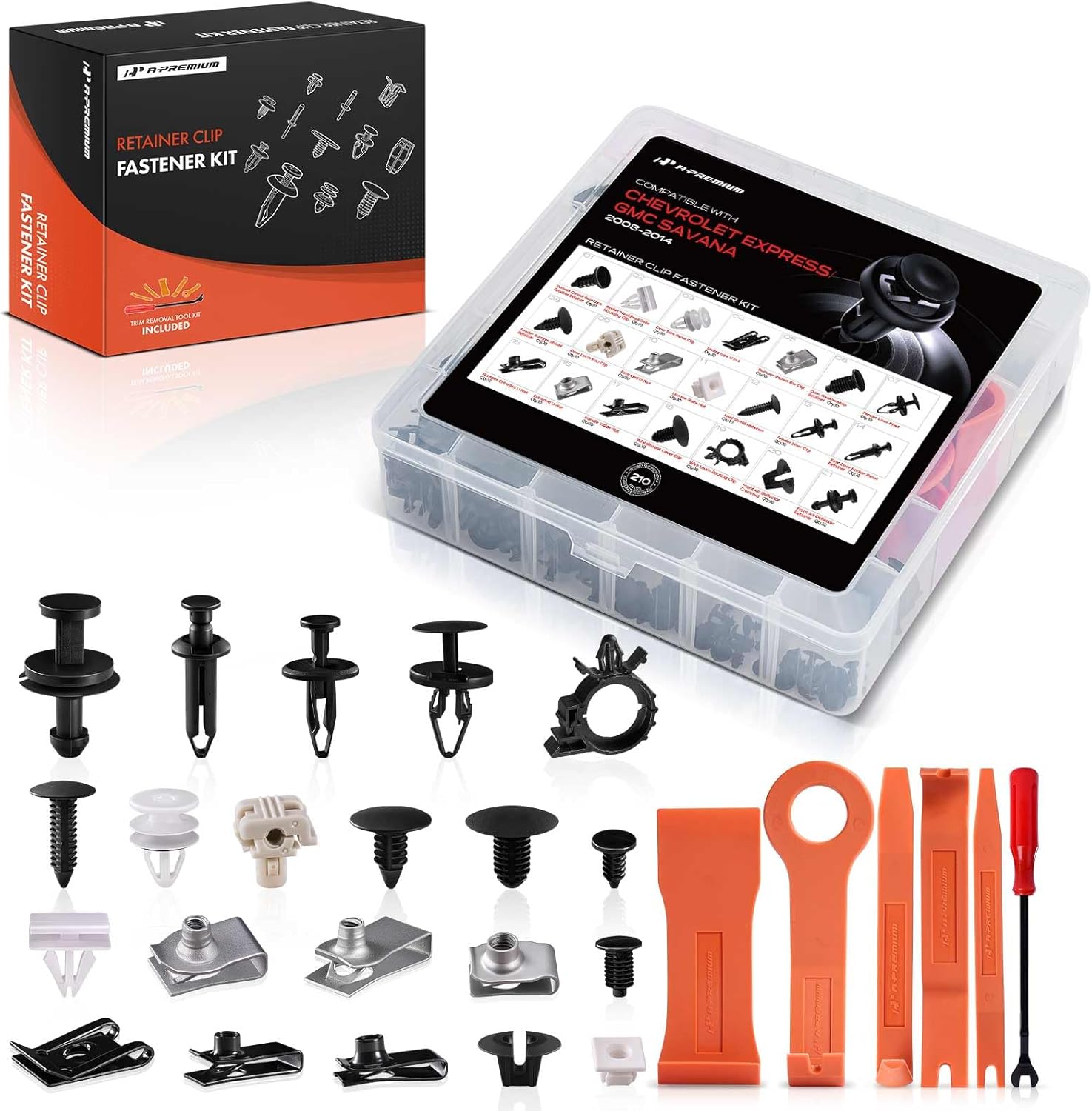 A-Premium 210 PCS 21 Sizes Car Retainer Clips Kit Compatible with Chevrolet Express PCS GMC Savana, 2008-2014 Bumper Fender Door Auto Push Pin Plastic Rivet Fastener Replacement Set, w/Removal Tool