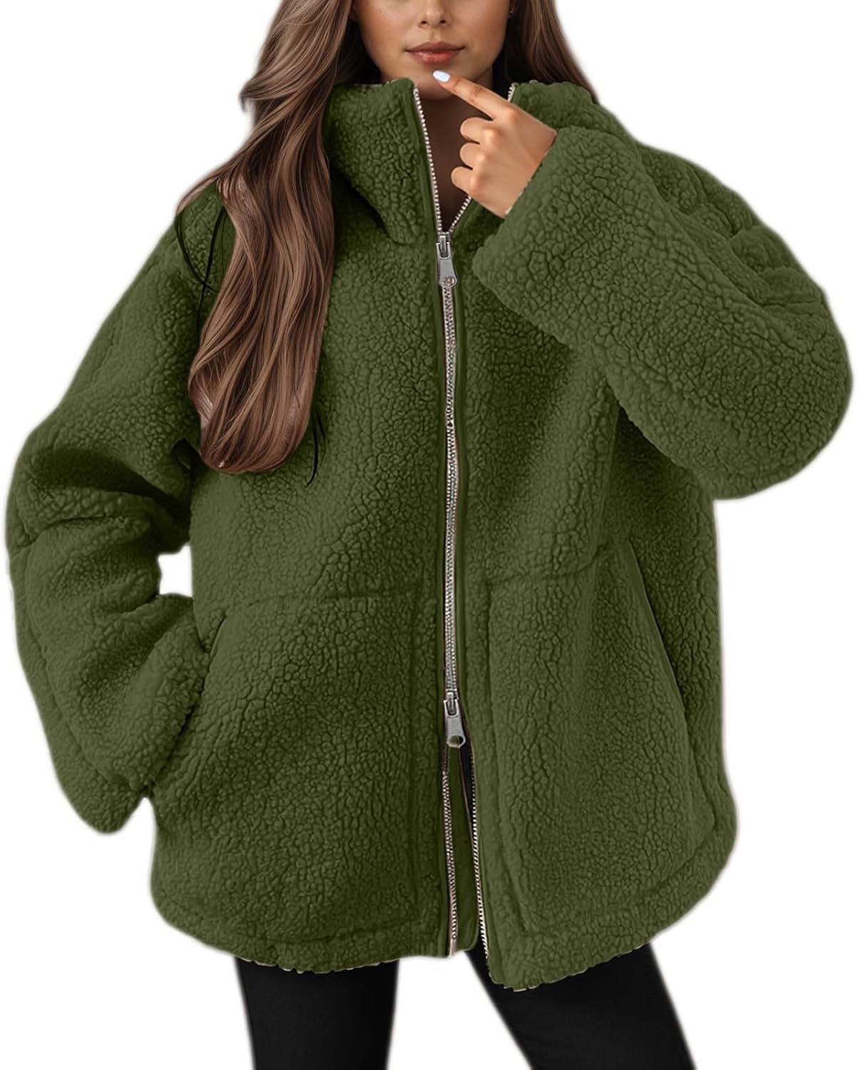 Wolljacke Damen Lang Outdoor Leicht Winter Teddyjacke Wolljacke Dünn Warm Flauschig mit Kapuze Sherpa Jacke Fleecejacke Grün Große Größen Damen Jacke Plüschjacke