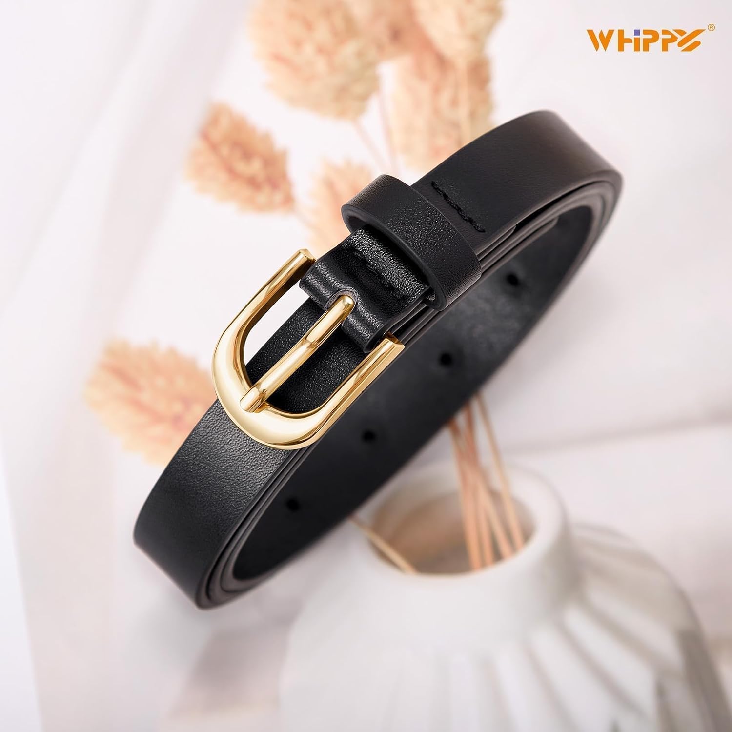 WHIPPY Women's Skinny Leather Belt for Jeans Dress Pants Fashion Ladies Thin Waist Belt with Gold Buckle
