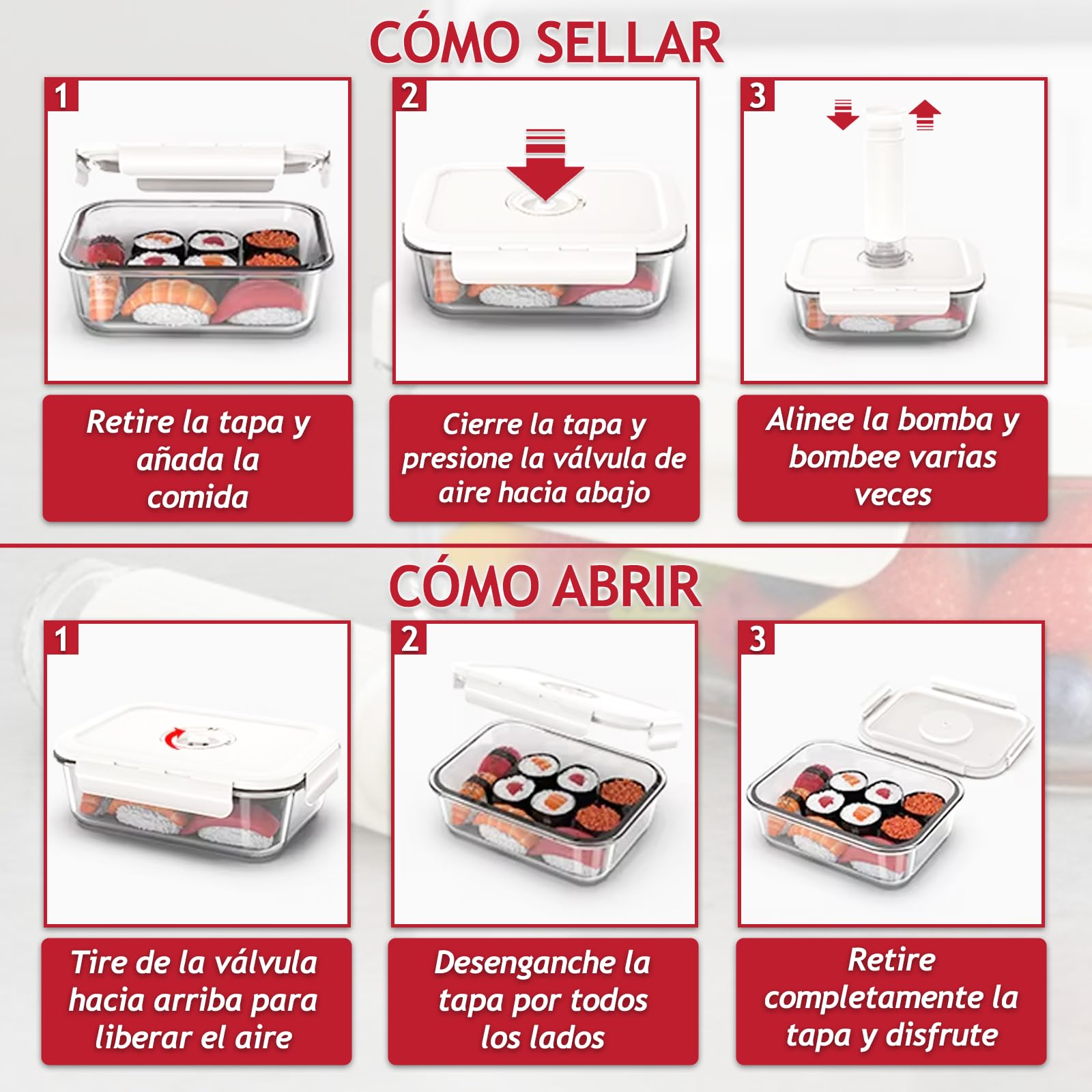 SPARES2GO Recipientes de vidrio para almacenar alimentos al vacío con tapas de cierre hermético (paquete de 5, medianos, 1040 ml) + bomba de sellado manual