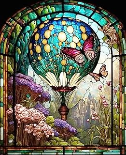 5D Stained Glass hot air Balloon with Butterfly Diamond Painting, Adult Diamond Art kit,DIY Diamond Painting kit,Full Diamond Round Diamond dot Diamond Art kit,Craft Home Wall Art deco-12x16in