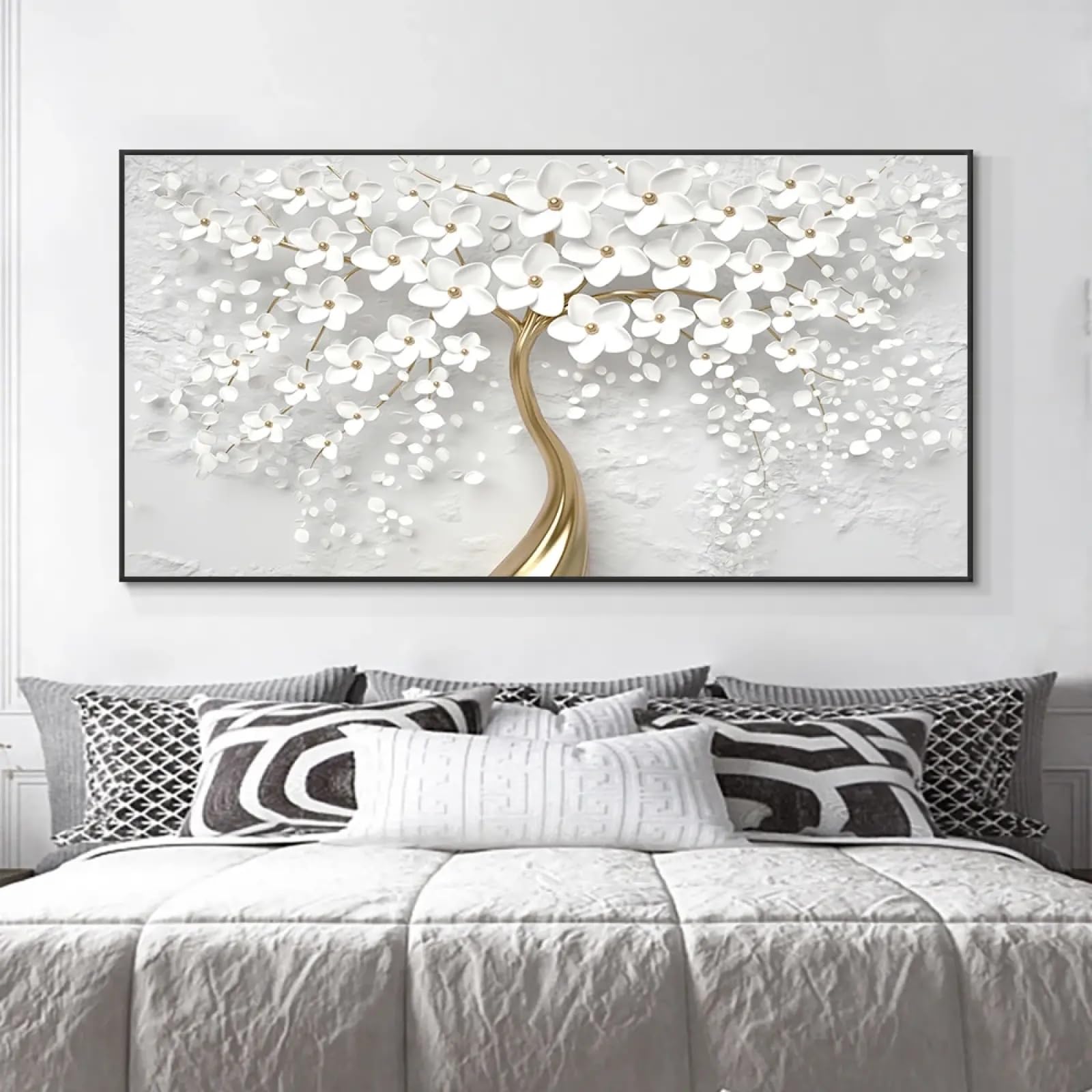 Peinture abstraite fleurs blanches haute définition cadre noir - 7