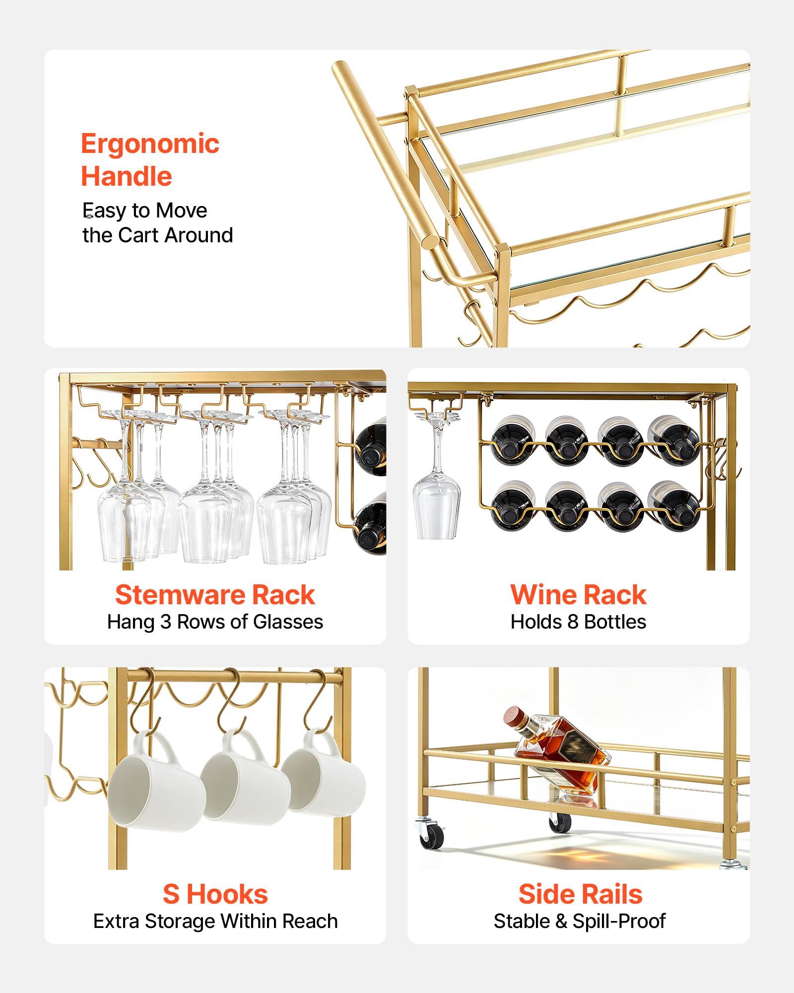 VEVOR Carro de Bebidas con Botellero de 2 Niveles, Carrito de Servicio con Ruedas y Asa, Estantes de Vidrio Espejado, Soporte para Copas, para Sala de Estar, Comedor, Cocina, 88x35x89 cm, Dorado
