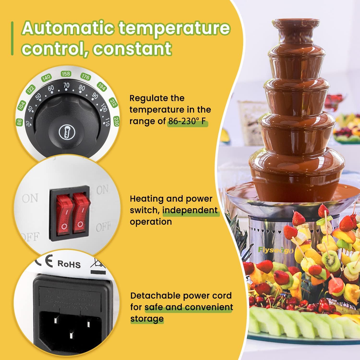 Flyseago Commercial Chocolate Fountain 5 Layers 18Lbs Large Chocolate Fondue Tower Stainless Steel Hot Chocolate Waterfall for Nacho Cheese Knob Control