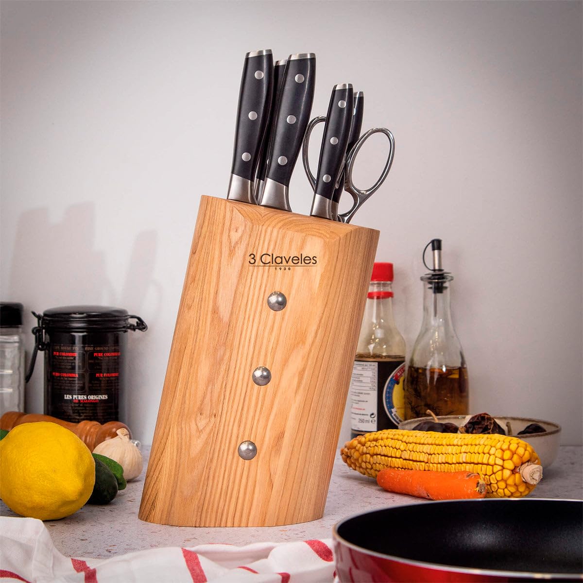 3 Claveles Juego Cocina, Madera,Acero Inoxidable, 5 Cuchillos Ash Toledo + 1 Tijera Star, 1637