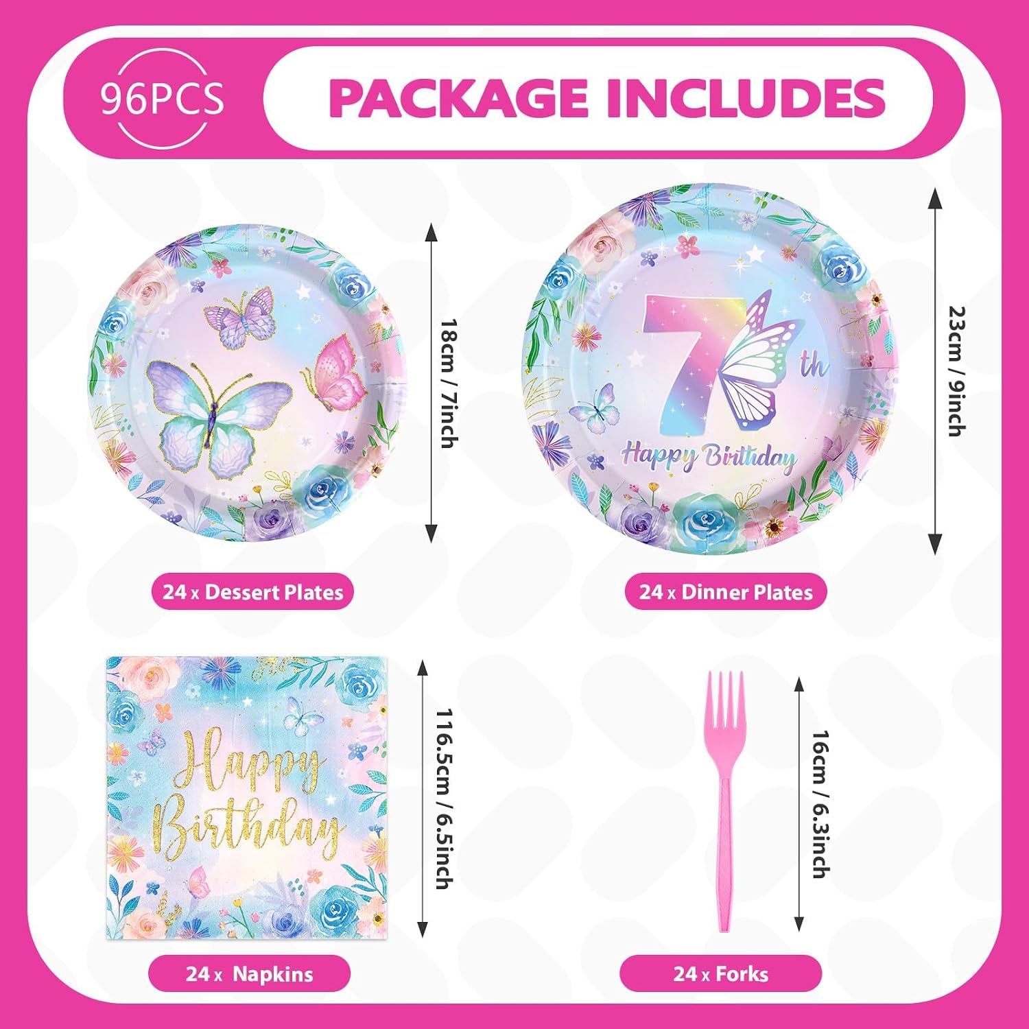 96Pcs Butterfly 7th Birthday Party Decorations for Girls Gradient Pink Blue Colorful Butterfly Plates and Napkins Tableware Sets for Girls 7 Years Old Butterflies Theme Party Favors Supplies Serve 24