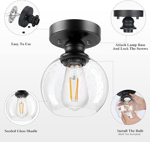 Miniatura 7 de Industrial Semi Flush Mount Ceiling Light, Vintage Hanging Ceiling Lamp, Seeded Glass Pendant Lamp Shade, Farmhouse Light Fixture for Porch Hallway