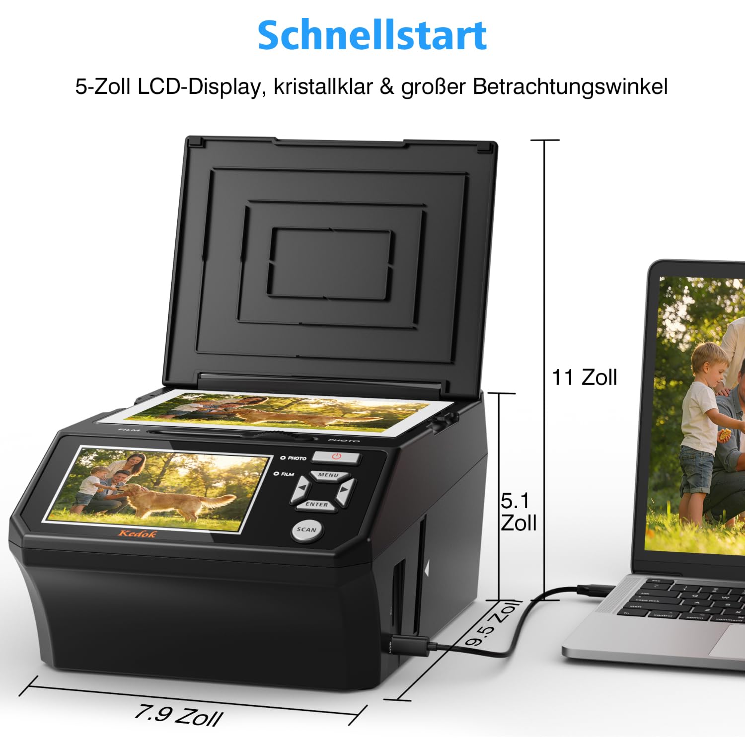 Fotoscaner, Multiscanner für Fotos, Dias und Negative, Digitalisierer mit 5" LCD-Bildschirm, 22 MP Konvertierung von 35mm/110mm Filmen, inkl. 8GB SD-Karte