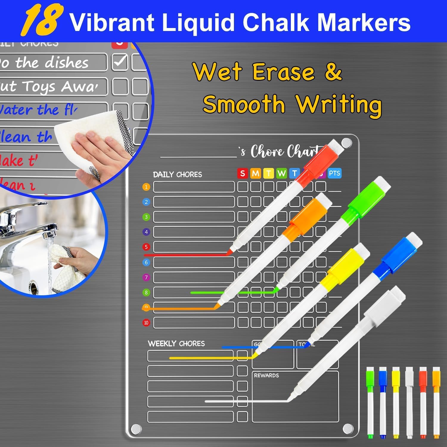 PigPotParty Acrylic Magnetic Chore Chart for Kids, 12"x16" Reward Responsibility Chart, Chores Checklist, 3 Weekly Dry Erase Fridge Board for Teens Adult Family Multiple Kids, w/ 18 Markers & Towel