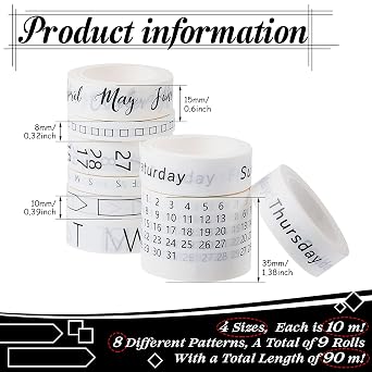 Chuangdi 9 Rolls Calendar Washi Tape Set Day Week Month Number Vintage Calendar Date Washi Masking Tape Decorative Patterned Marking for Arts Crafts Journal Planner(White)