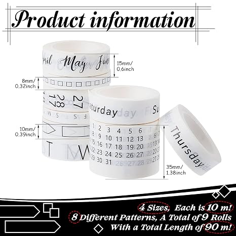 Chuangdi 9 Rolls Calendar Washi Tape Set Day Week Month Number Vintage Calendar Date Washi Masking Tape Decorative Patterned Marking for Arts Crafts Journal Planner(White)
