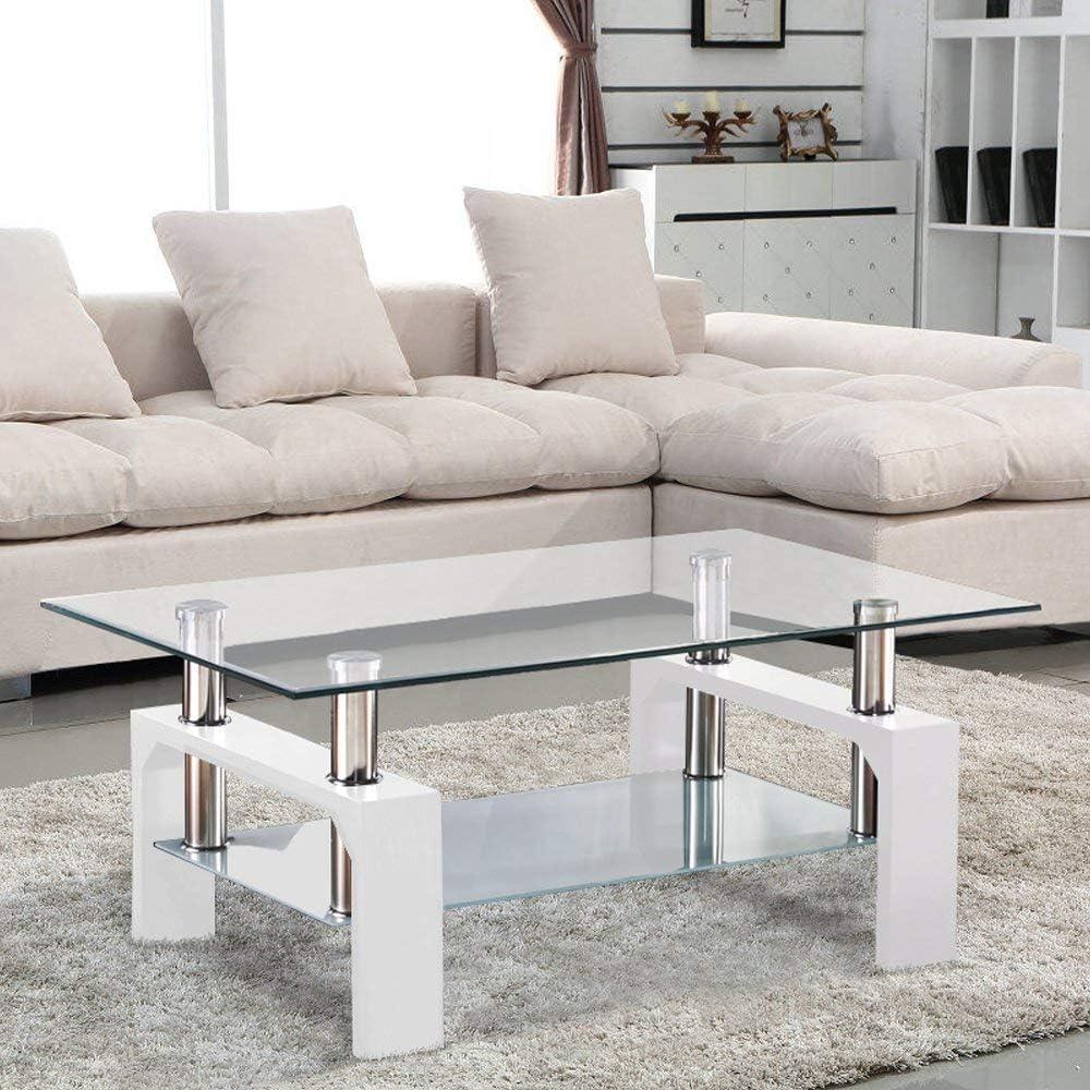 Rectangle Glass Modern Coffee Table with Shelf & Wood Legs Suit for Living Room White